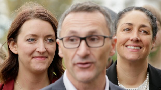 The Greens leader Richard Di Natale with Ms Bhathal at a press conference in July.