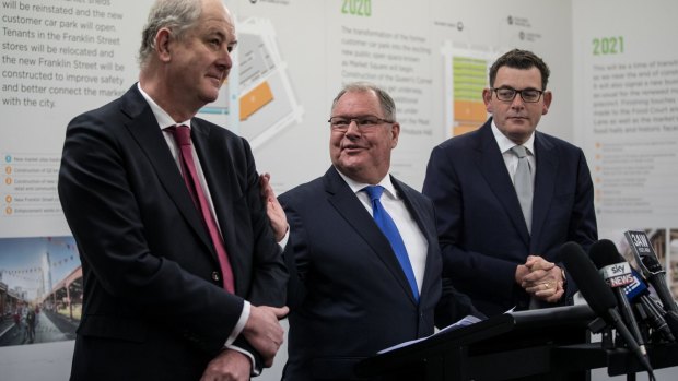 Former lord mayor Robert Doyle (centre) last year with Planning Minister Richard Wynne (left) and Premier Daniel Andrews. 