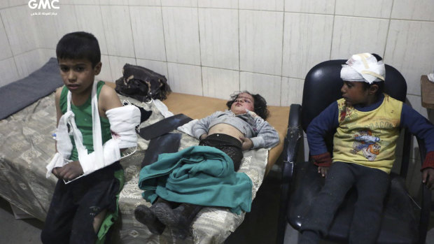 Children receiving treatment at a hospital in Hazeh in eastern Ghouta, Damascus, Syria, on Monday.