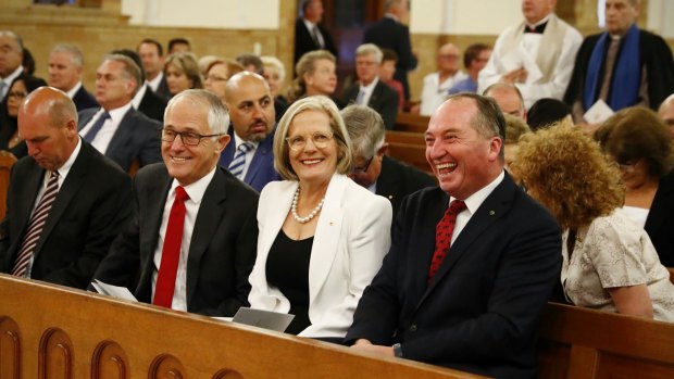 Prime Minister Malcolm Turnbull, Lucy Turnbull and Deputy Prime Minister Barnaby Joyce at a church service earlier in February.