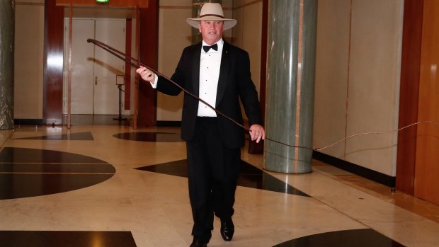 Deputy Prime Minister Barnaby Joyce cracks the whip as he arrives for the 2017 Midwinter Ball at Parliament House.