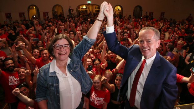 Labor's Ged Kearney celebrates her federal byelection win with Bill Shorten.