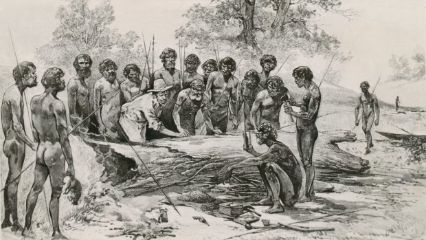 A non-contemporary engraving of John Batman meeting Aborigines on the banks of the Merri Creek. 