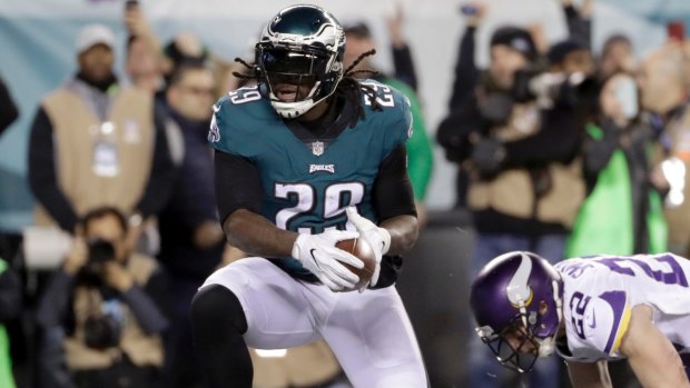 Philadelphia Eagles' LeGarrette Blount runs for a touchdown.  The Eagles and the New England Patriots are set to meet in Super Bowl 52 on Sunday
