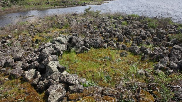 Remains of an ancient Indigenous stone house at Lake Condah, part of the Budj Bim landscape.