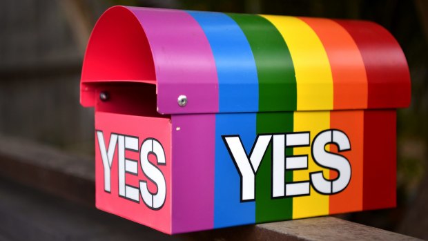 A message in support of a Yes vote in the marriage equality postal survey seen on a mailbox. 