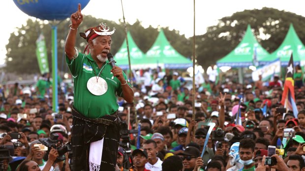 Former East Timorese president Xanana Gusmao speaks to supporters during a campaign rally in Dili in July.