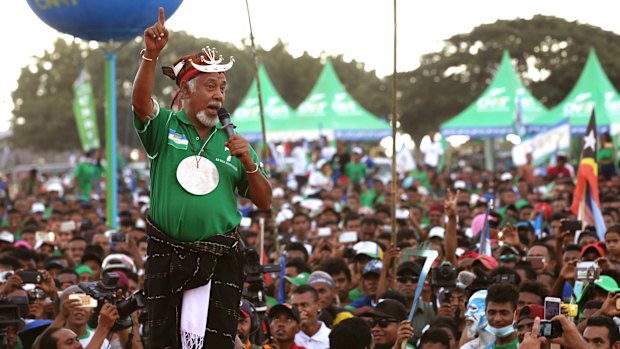 Former East Timorese president Xanana Gusmao speaks to supporters during a campaign rally in Dili in July.