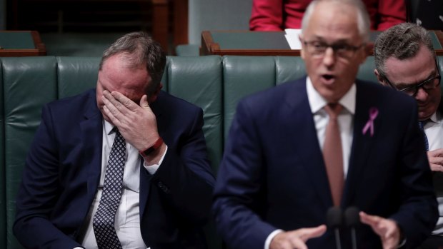 Deputy Prime Minister Barnaby Joyce and Prime Minister Malcolm Turnbull during question time on Thursday.
