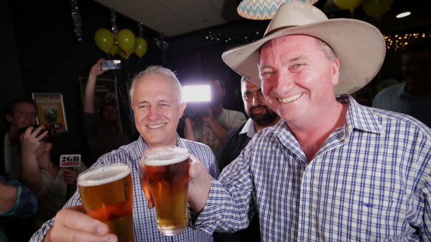 Prime Minister Malcolm Turnbull and Deputy Prime Minister Barnaby Joyce celebrate his byelection win in December last year. 