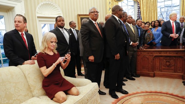 Kellyanne Conway, pictured during a 2017 meeting with leaders of Historically Black Colleges and Universities, has not wavered on her loyalty to her boss.