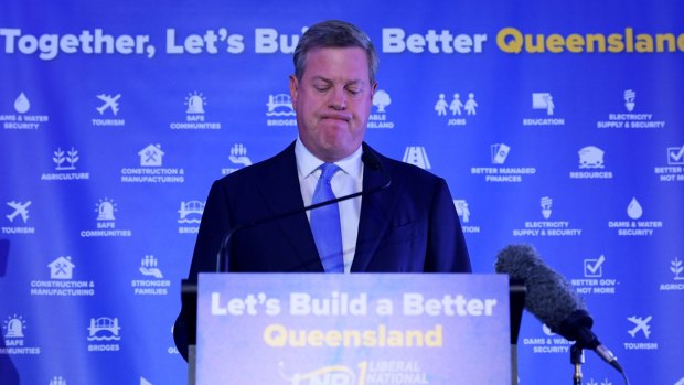 Queensland Opposition Leader Tim Nicholls speaks at the LNP election function on Saturday night.