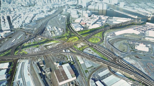 An artist's impression of the proposed West Gate Tunnel as it crosses the Maribyrnong River.