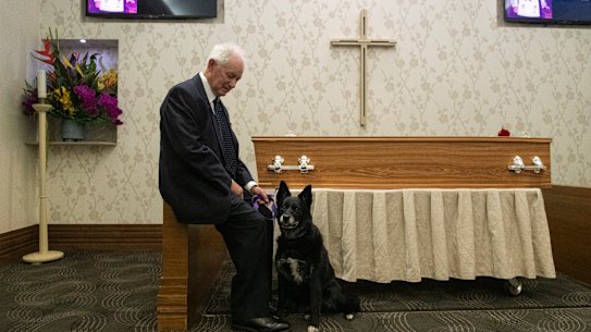 Son-in-law Bob Mitchell and Cindy the dog at Jacob Elias' funeral. "She was there for (Jacob) living alone, she was there for him on the last day and there for him when we celebrated his life." Mr Mitchell said.