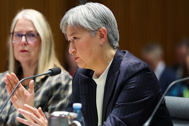 Jan Adams, Secretary of the Department of Foreign Affairs and Trade (DFAT), and Leader of the Government in the Senate and Minister for Foreign Affairs Penny Wong during a Senate estimates hearing at Parliament House in Canberra on Thursday 4 June 2026. fedpol Photo: Alex Ellinghausen