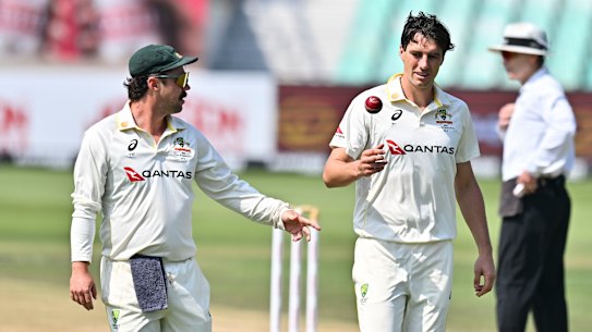 Vice captain Travis Head and captain Pat Cummins during the first Test, with the series being followed by Amazon Prime cameras.