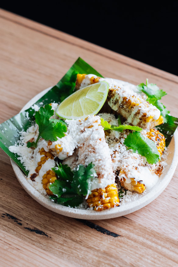 Corn with hot honey and lime crema.