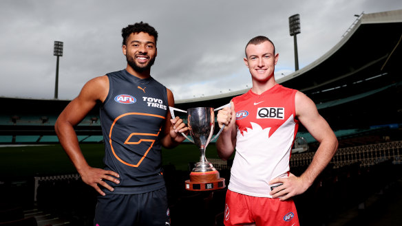 Connor Idun of the Giants (L) and Chad Warner of the Swans (R).