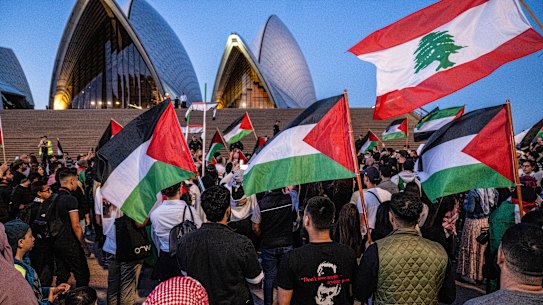 Pro-Palestine protesters at the Sydney Opera House on Monday.