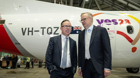 Qantas chief executive Alan Joyce and Prime Minister Anthony Albanese at the airline’s unveiling of its Yes logo on Monday.