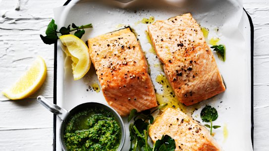 Adam Liaw’s roast salmon with macadamia and rocket pesto.