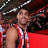 St Kilda’s Nasiah Wanganeen-Milera (right) celebrates the win over Essendon.