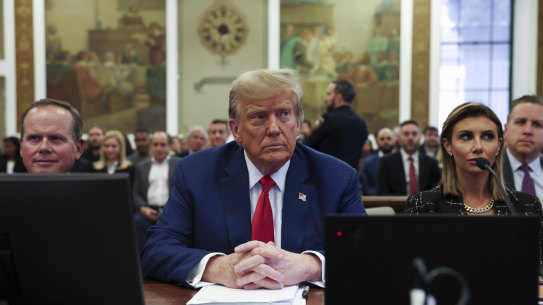 Donald Trump, with lawyers Christopher Kise and Alina Habba, at the closing arguments in the Trump Organisation civil fraud trial at New York State Supreme Court last month.