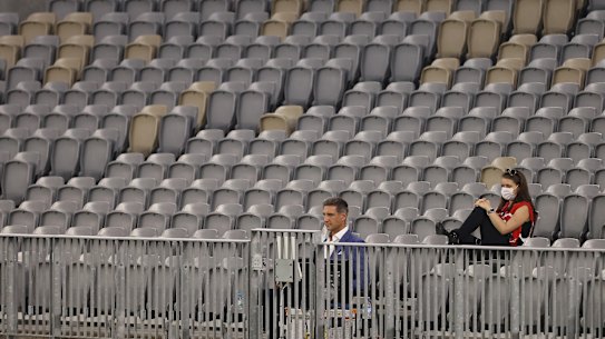 PERTH, AUSTRALIA - APRIL 24: Matthew Pavlich looks on from the stands during the round six AFL match between the Fremantle Dockers and the North Melbourne Kangaroos at Optus Stadium on April 24, 2021 in Perth, Australia. (Photo by Paul Kane/Getty Images)