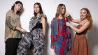 Indigo Stuart (far right) and Ethan Bergersen (far left), both winners of the Australian Fashion Fund Scholarship awards with their winning designs worn by models.