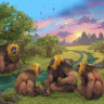 An artist impression of a group of G. blacki within a forest in southern China