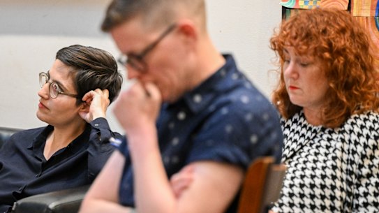 Gabrielle de Vietri (Greens), Roz Ward (Victorian Socialists), and Lauren O’Dwyer (Labor) at the Cherry Tree Hotel on Wednesday night.