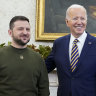 Dressed for the occasion in military fatigues, Ukrainian President Volodymyr Zelensky meets US President Joe Biden in the Oval Office of the White House on December 21.