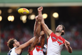 Brodie Grundy of the Swans spoils the ball against Geelong