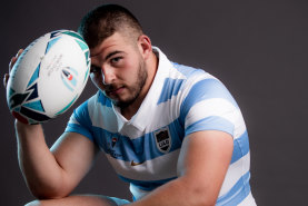 Enrique Pieretto posing in his Argentinian kit at the 2019 Rugby World Cup.