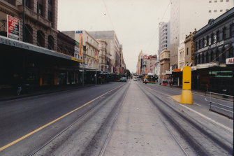 Melbourne’s latest pedestrian precinct, Swanston Walk, on the first morning in 1992.