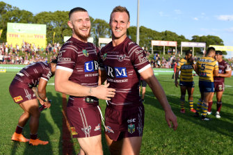 Jackson Hastings and Daly Cherry-Evans celebrate at Brookvale in 2018.