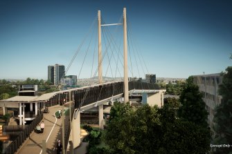 A new 480-metre long pedestrian and cycling bridge will link Boggo Road Ecosciences precinct with the south-east busway and the Princess Alexandra Hospital as part of the $5.4 billion Cross River Rail project.