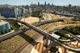 A new 480-metre long pedestrian and cycling bridge will link Boggo Road Ecosciences precinct with the south-east busway and the Princess Alexandra Hospital as part of the $5.4 billion Cross River Rail project.