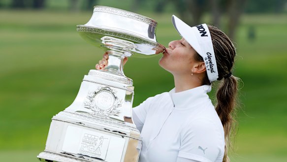 Bright future: Hannah Green kisses the trophy after her major victory.