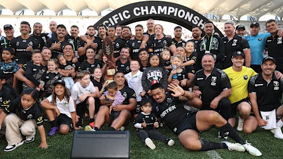 New Zealand celebrate victory in the Pacific Championships final.