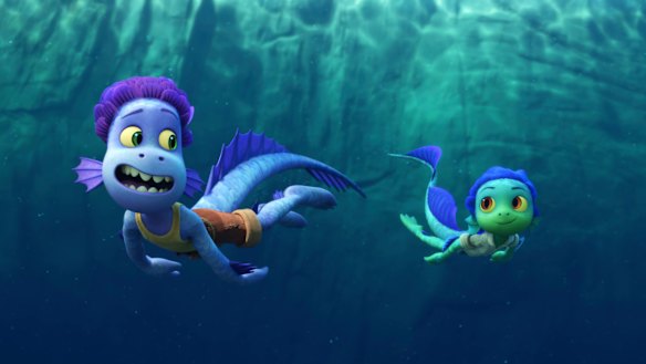 Sea monsters Alberto (left,  voiced by Jack Dylan Grazer) and Luca (Jacob Tremblay) have to hide their true selves from nearby villagers in Pixar’s Luca.