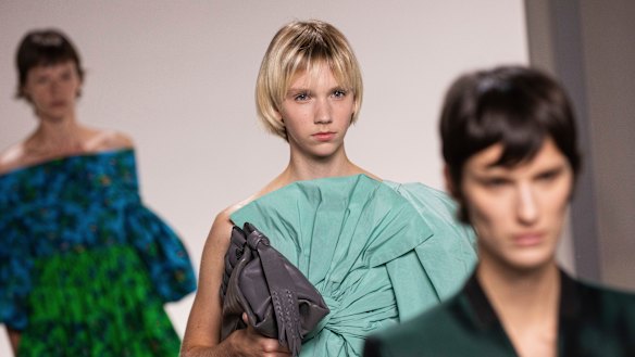 Mint-coming ... a model wears 'neo mint', one of the shades of 2020, in Givenchy's show at Paris Fashion Week.