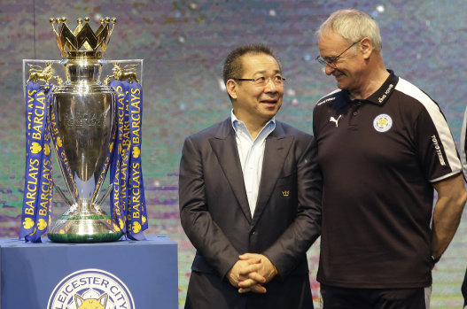 Leicester City's owner Vichai Srivaddhanaprabha with then team manager Claudio Ranieri in 2016 after the club won the Premier League.