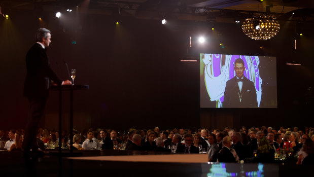 Brownlow host Hamish McLachlan interviews winner Neale, who watched the count from Brisbane with his Lions preparing for the weekend’s grand final.