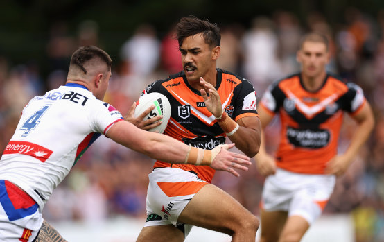 Daine Laurie in action for Wests Tigers on Sunday.