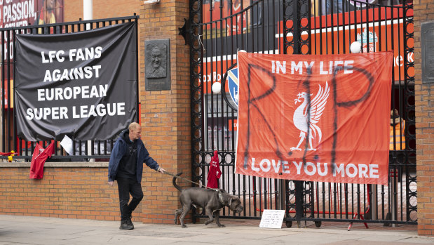 Banners outside Liverpool’s Anfield Stadium after the collapse of English involvement in the proposed European Super League.