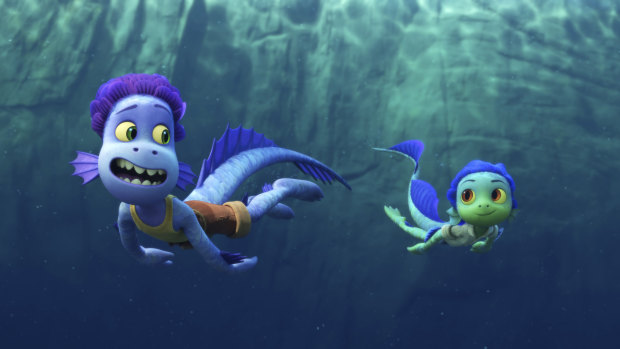 Sea monsters Alberto (left,  voiced by Jack Dylan Grazer) and Luca (Jacob Tremblay) have to hide their true selves from nearby villagers in Pixar’s Luca.