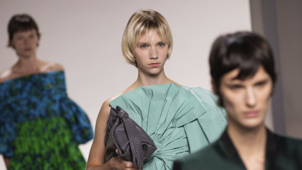 Mint-coming ... a model wears 'neo mint', one of the shades of 2020, in Givenchy's show at Paris Fashion Week.