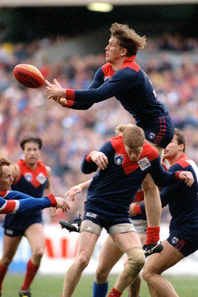 Demon high flier David Schwarz soars over teammates Glenn Molloy and Martin Pike.