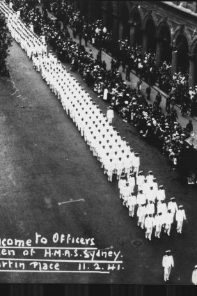 The Officers and men of HMAS Sydney march through Martin place in February, 1941, to a hero’s welcome after their victory over the Italian cruiser Bartolomeo Colleoni.